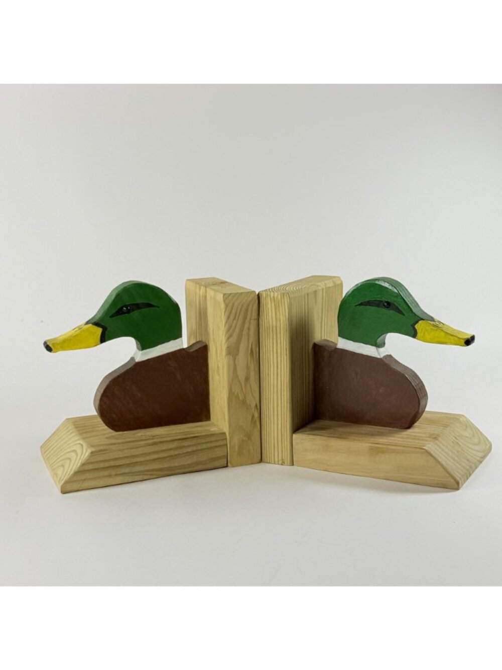 Handcrafted Wooden Bookend Set Mallard Duck Design Natural Wood Painted Finish